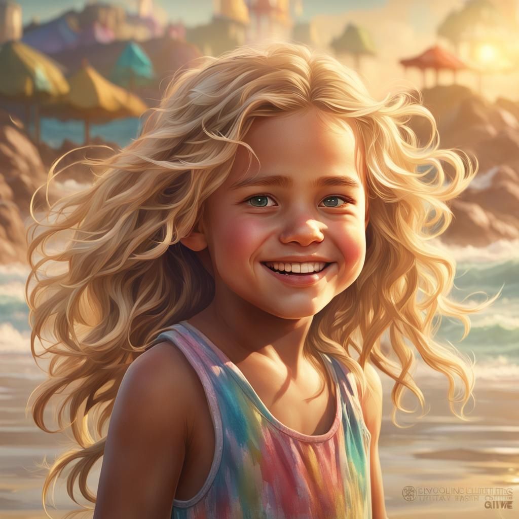 Girl with Blond Hair Smiling on the Beach