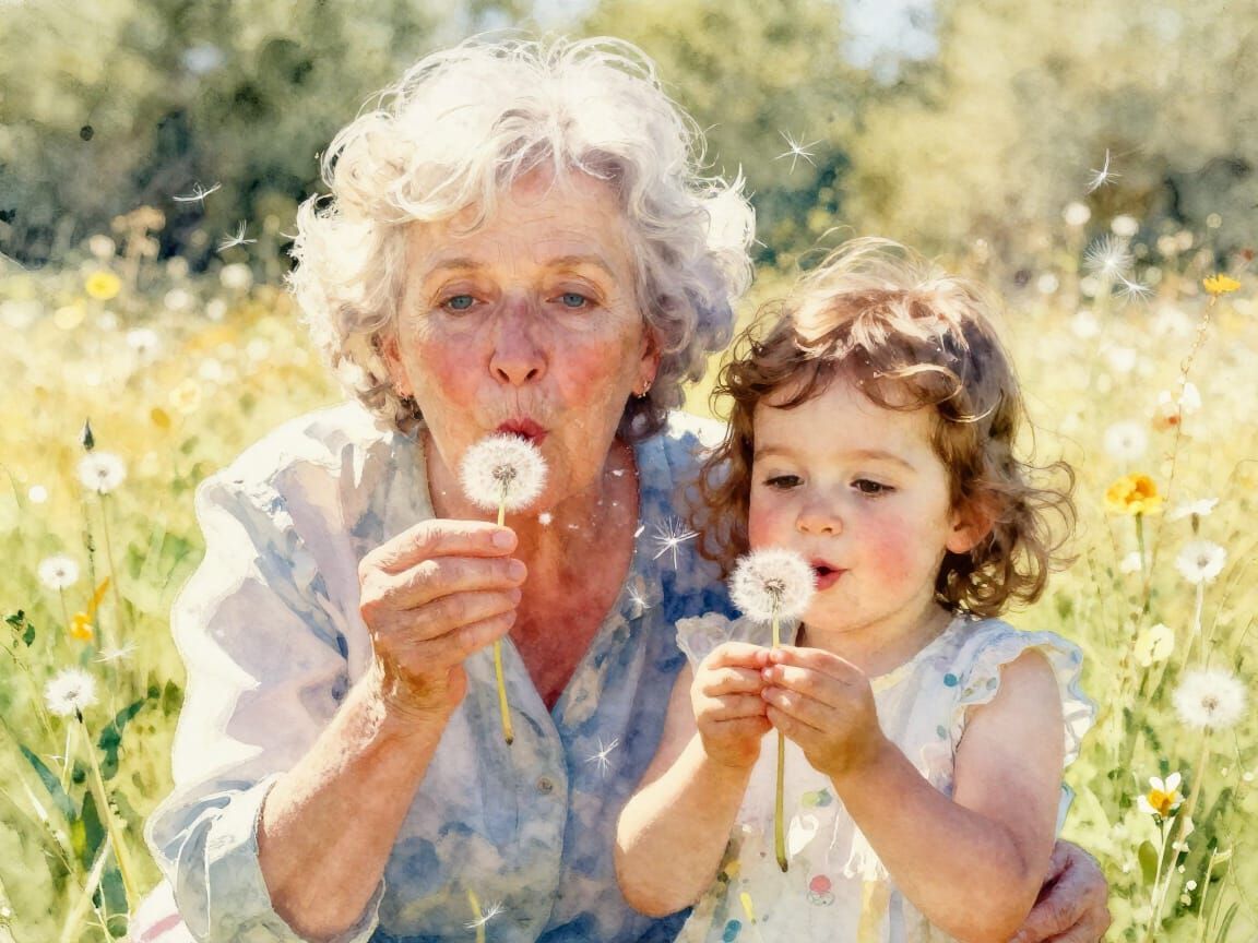 Grandmother and Granddaughter Blow Dandelion Seeds