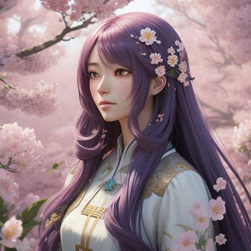 Anime Art of Woman Surrounded by Blooming Flowers