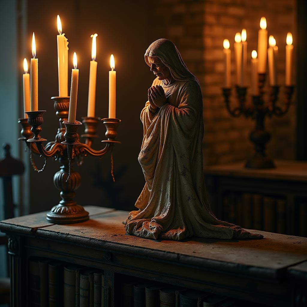 Creepy Religious Statuette with Candlelight in Gothic Style