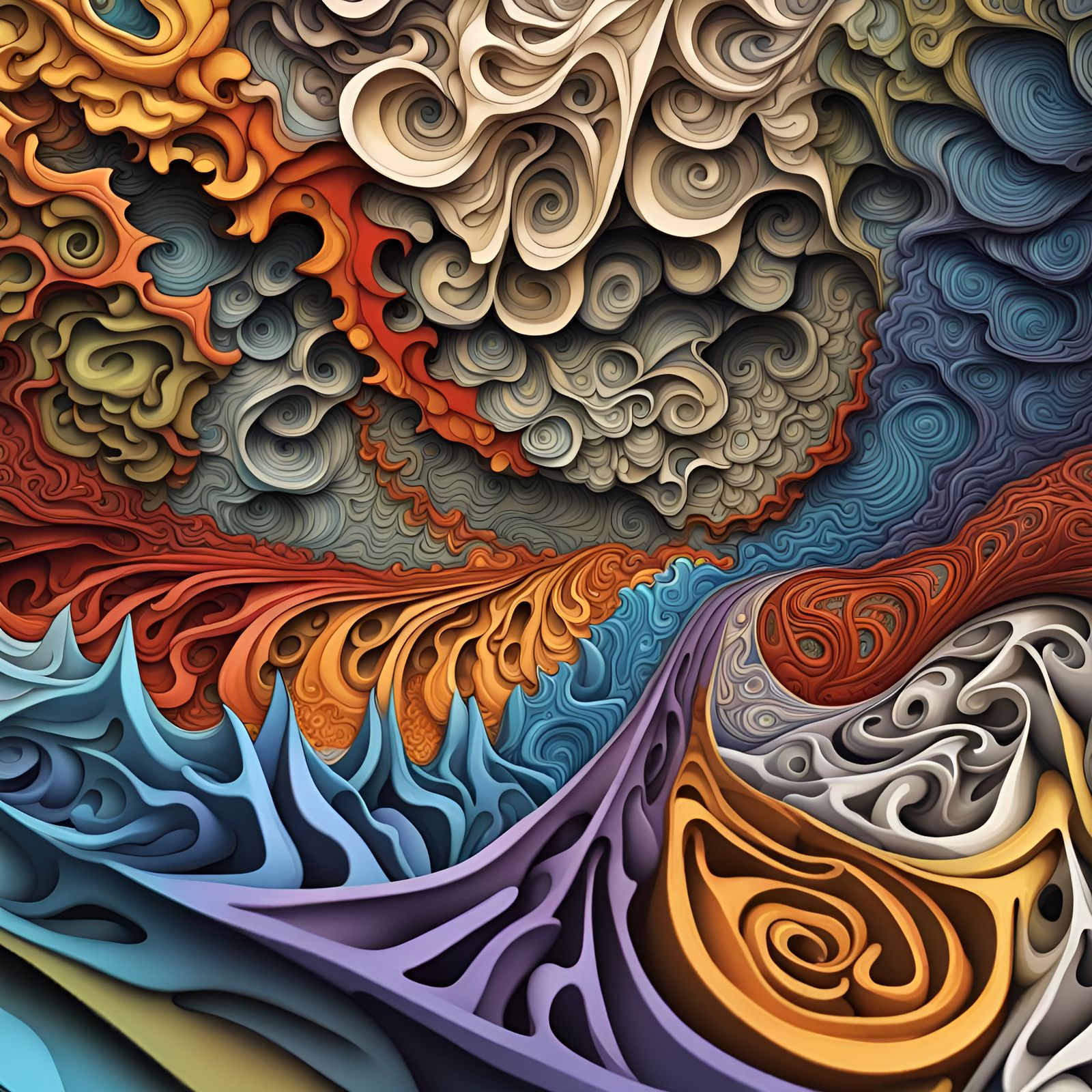 Hyperbolic 3D Zentangle in Maximalist Impasto Style