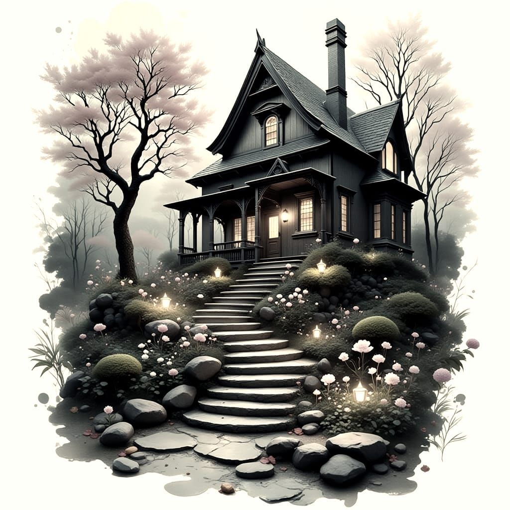 Whimsical Gothic Cottage in Dreamy Watercolor
