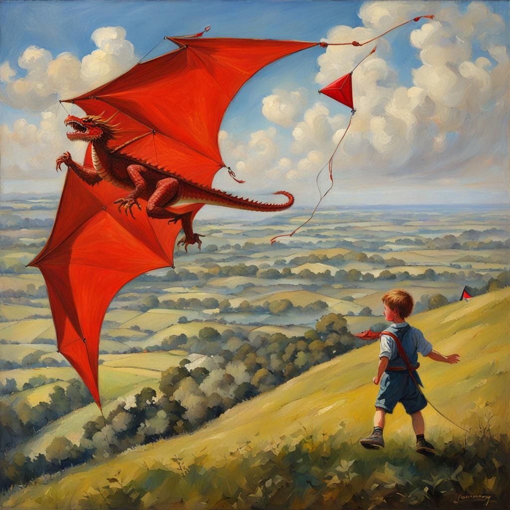 Boy Flies Red Dragon Kite: Oil Painting