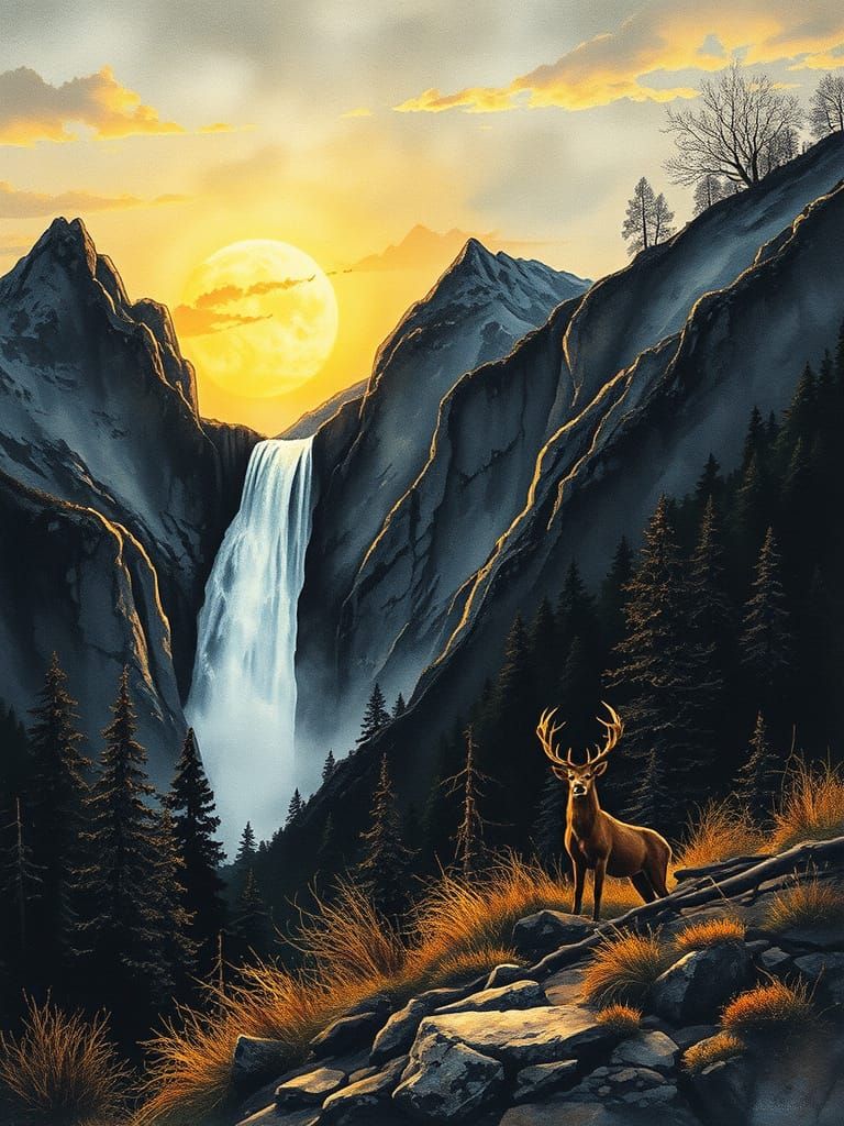 Mighty Waterfall Sunset Over Mountains in Gold and Black