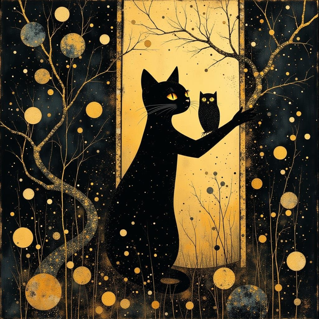 Mystical Cat Unveils Owl in Whimsical Gold Forest
