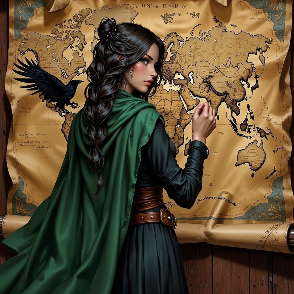 Woman Charting Map with Raven in Fantasy Setting