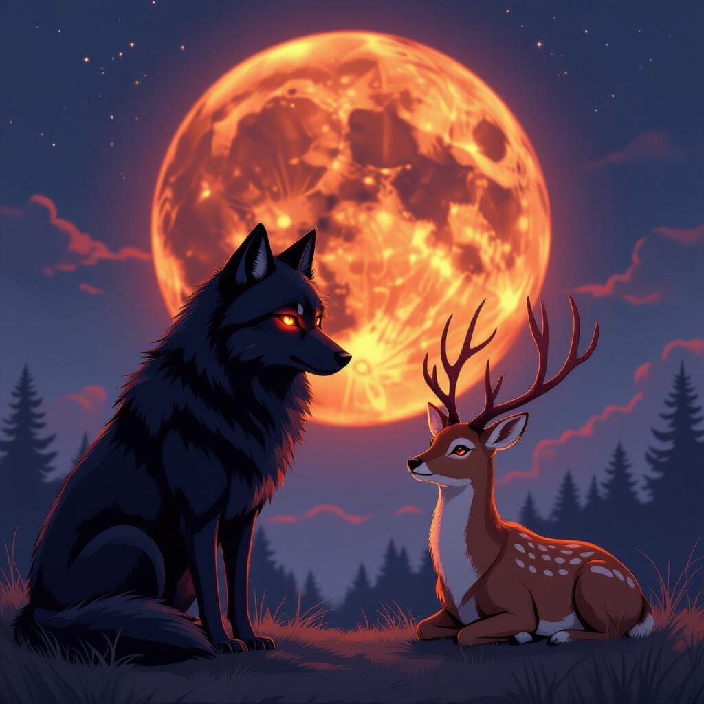 Black Wolf and Deer Watching Blood Moon Anime