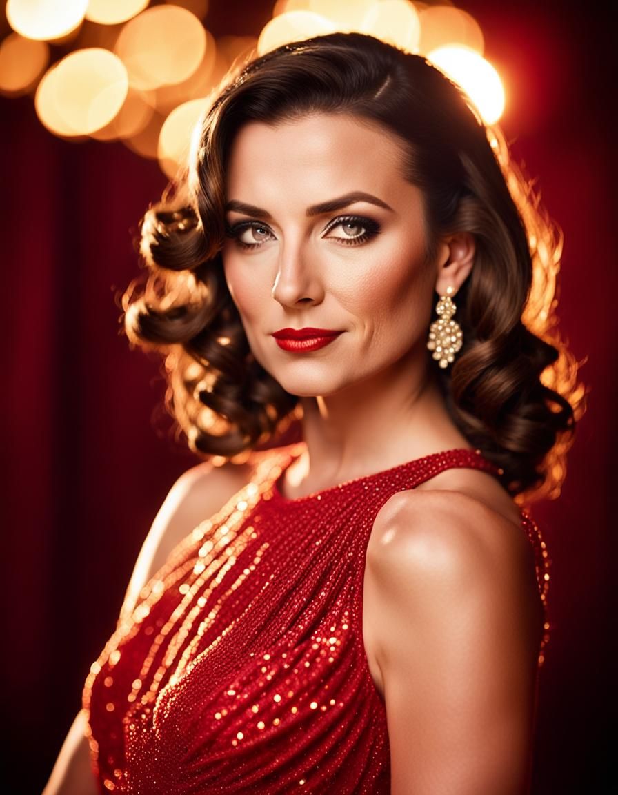 Glamorous Portrait of Brunette Pop Star in Red Dress