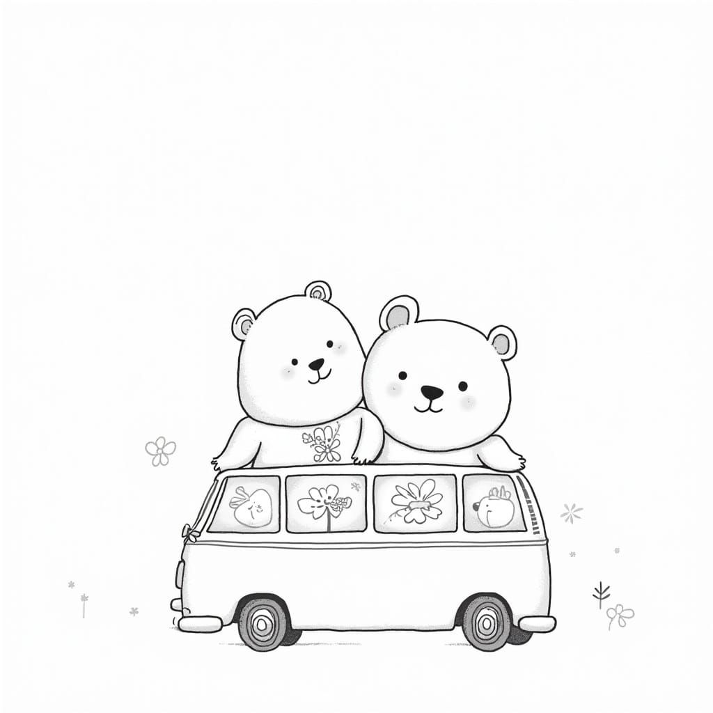 Cozy Family of Bears Ride in a Flowery Van