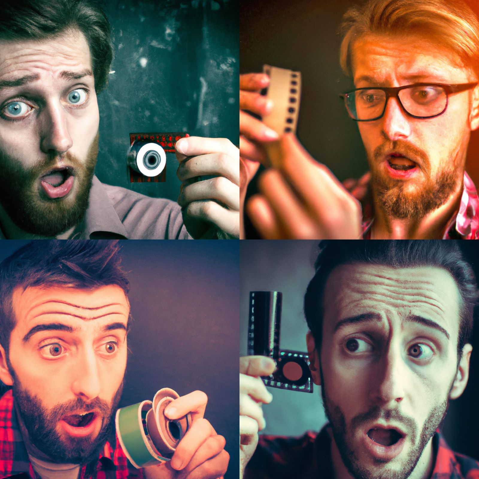 Hipster Shocked by Old Film Roll: Hyperrealistic Close-Up