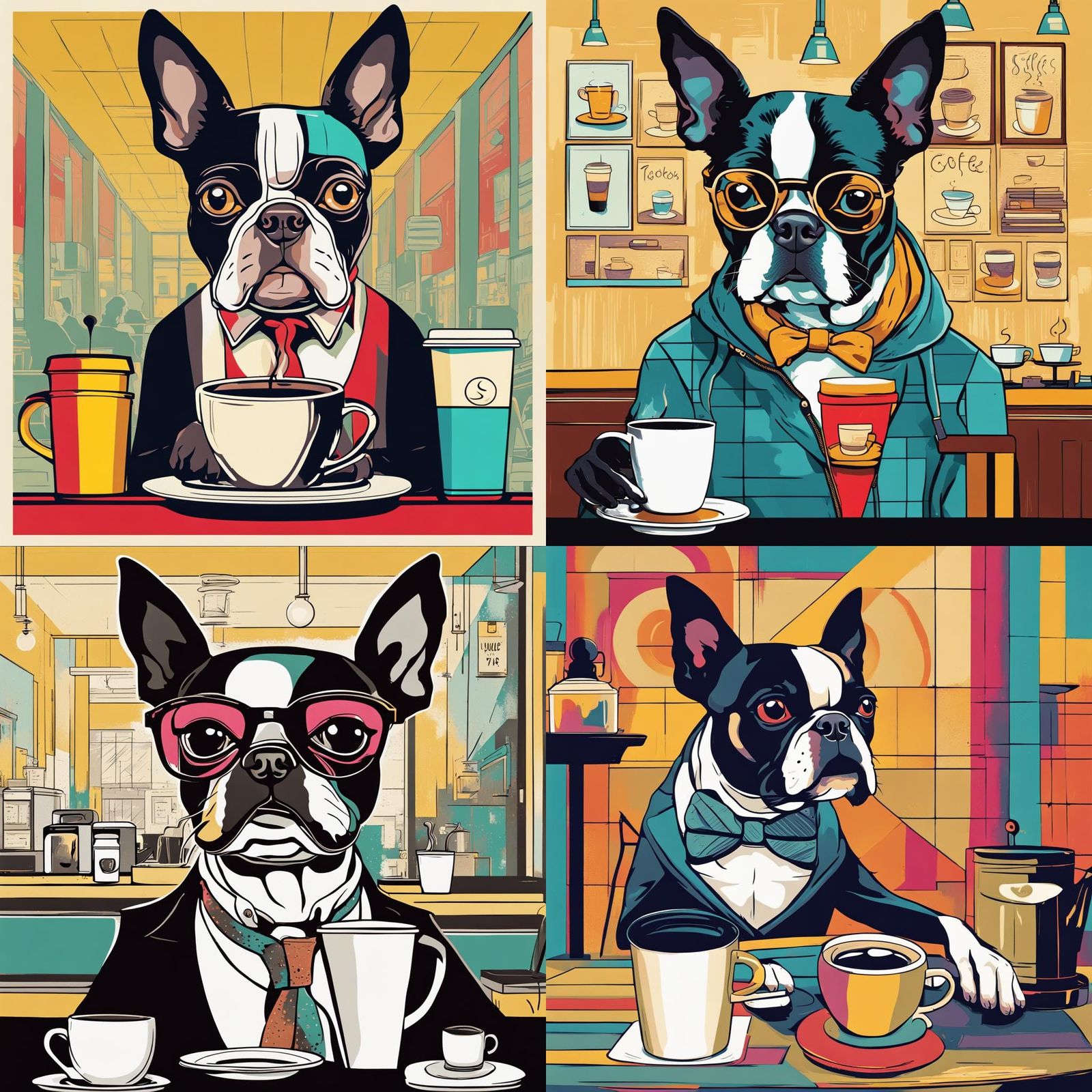 Hipster Boston Terrier at Coffee Shop: Pop Art Style