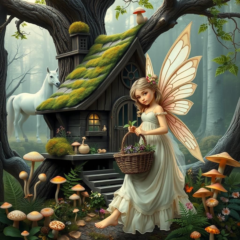 Enchanting Fairy Collecting Herbs in Fantasy Forest