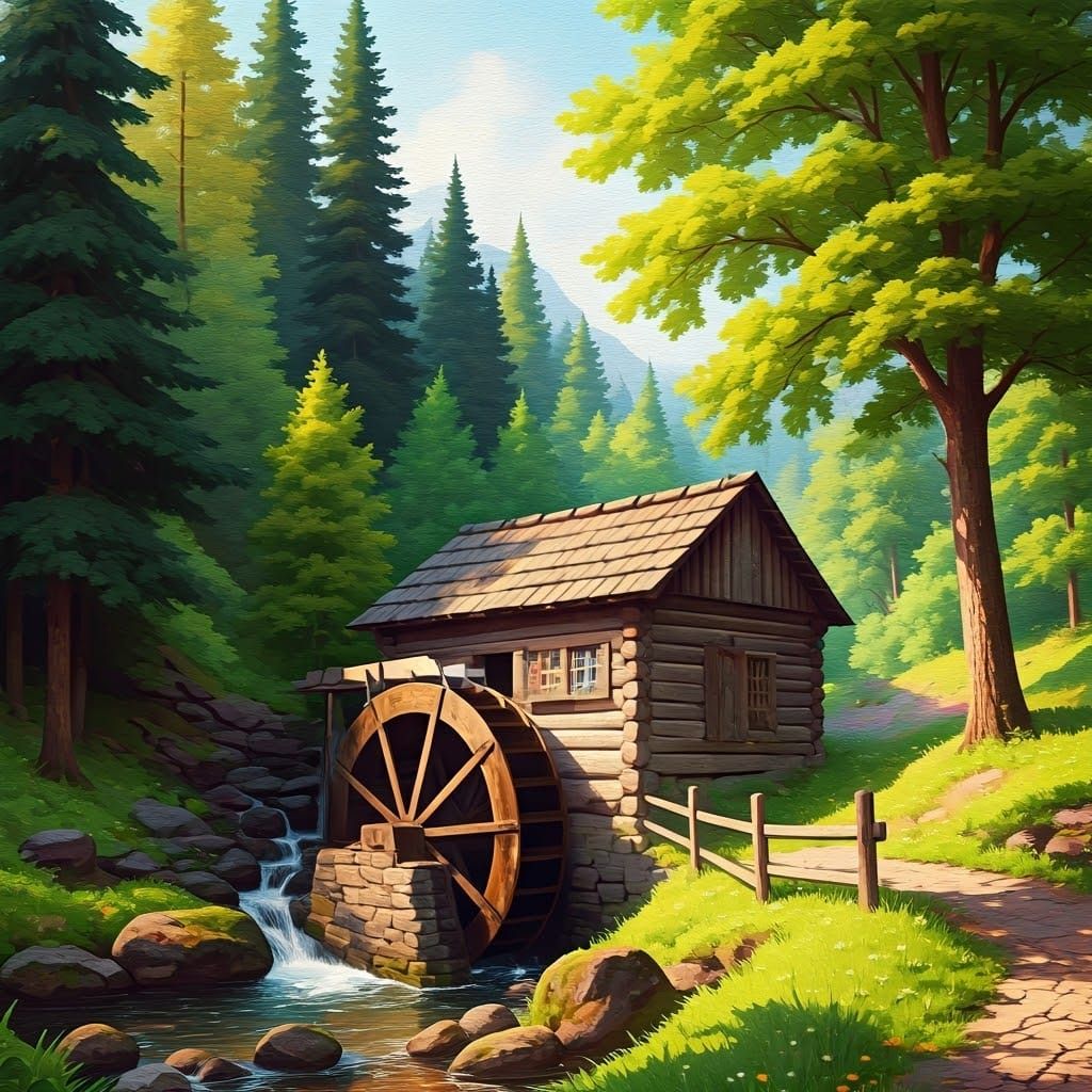 Waterwheel in Serene Forest Landscape