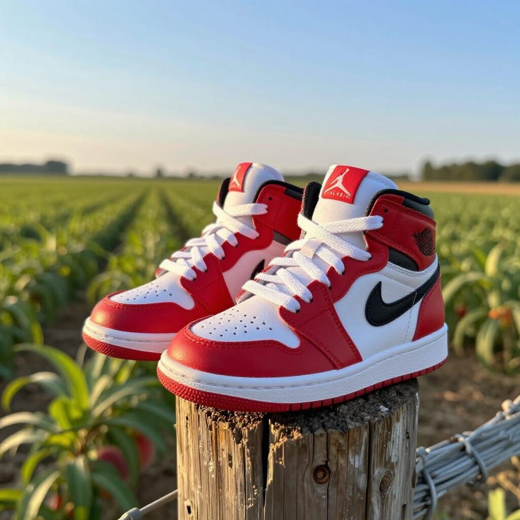 Photorealistic Peach in Jordans on Farm Fence Post