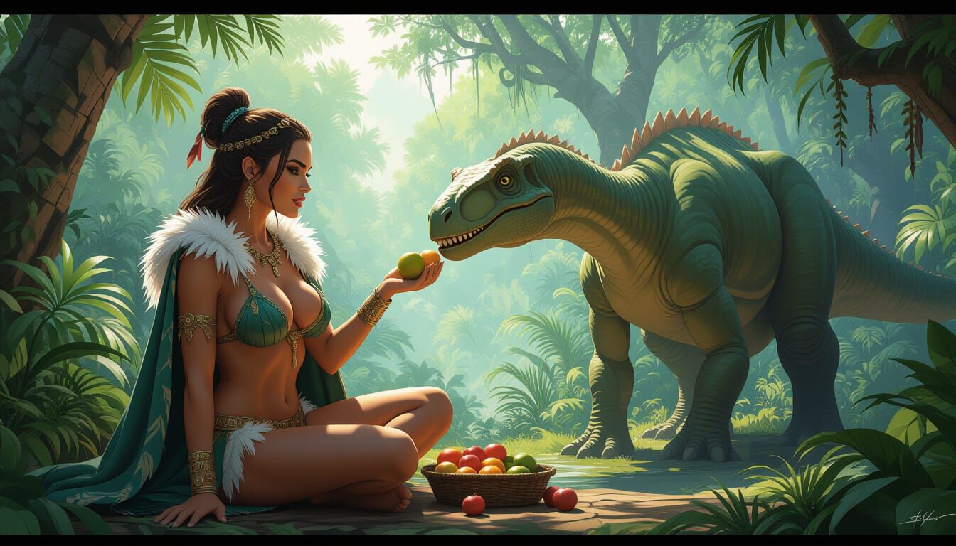 Woman Feeds Dinosaur in Lush Prehistoric Forest