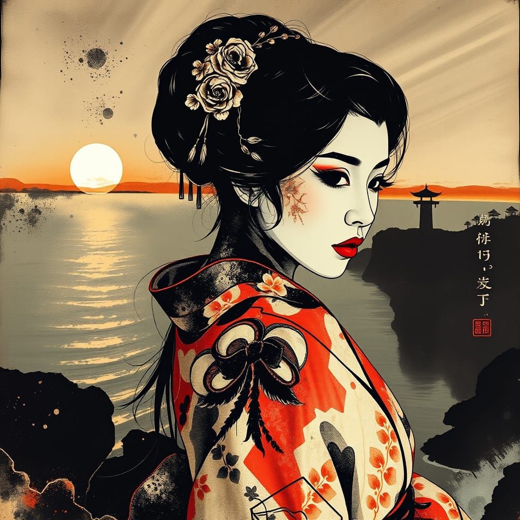 Ink Wash Painting of Japanese Woman at Sunset