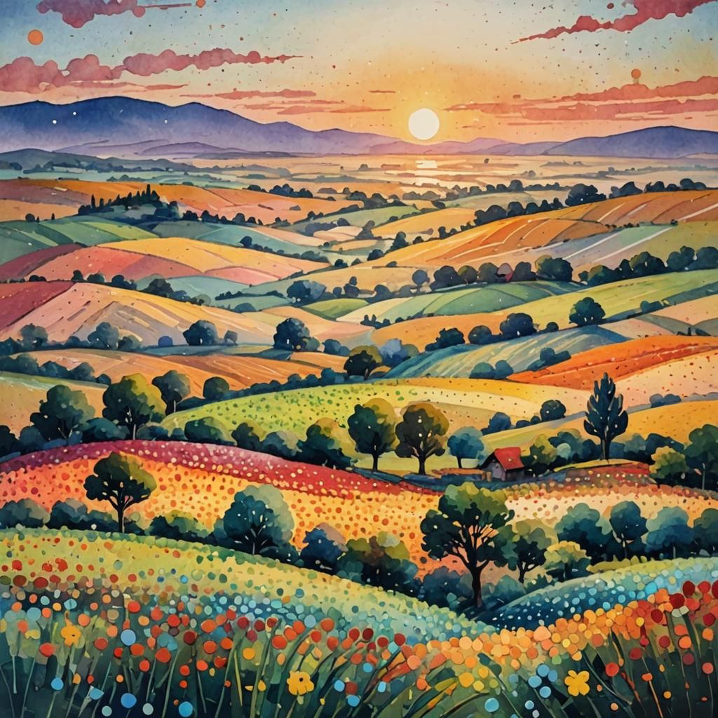 Impressionist Sunset Landscape in Gouache and Watercolor