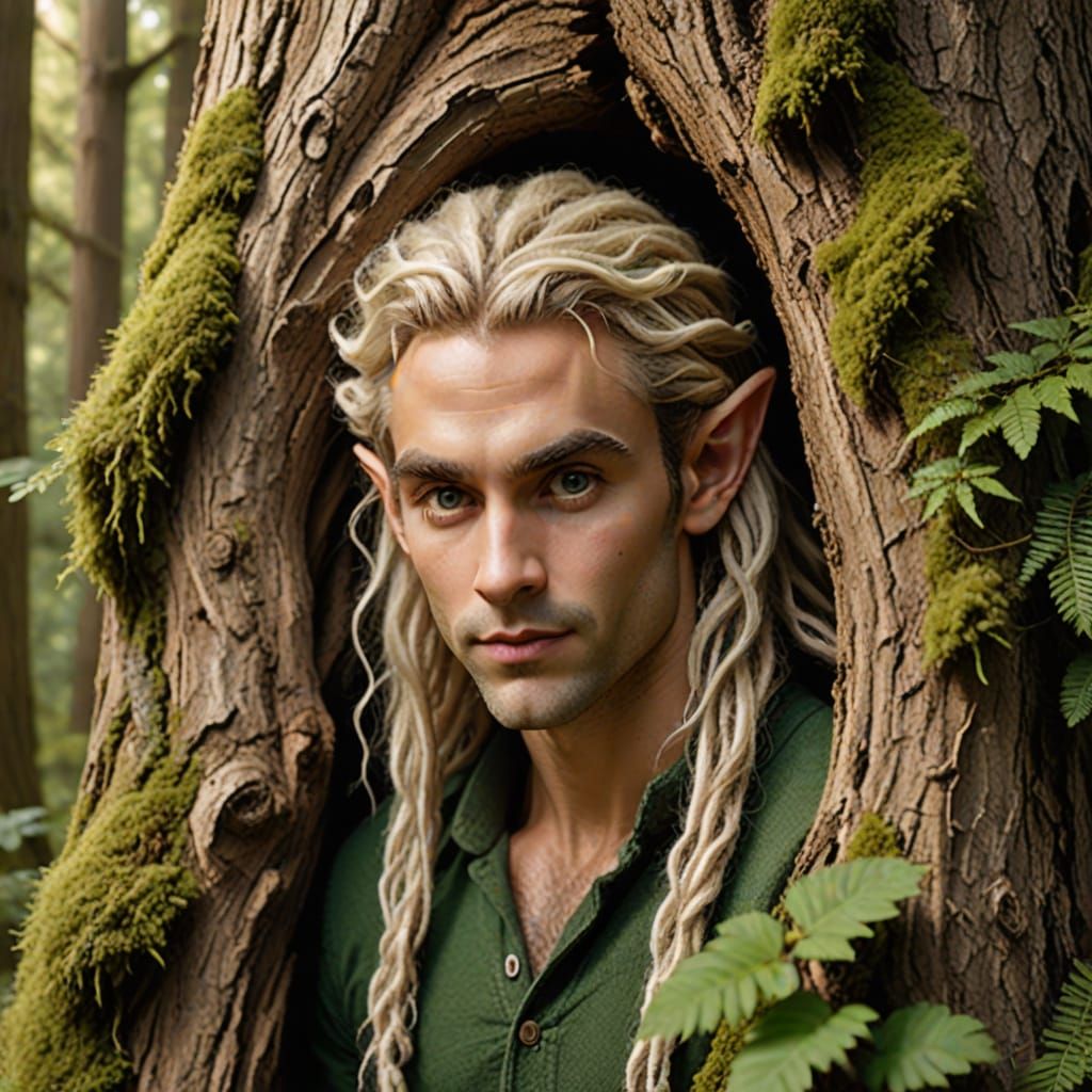 Elf Man Emerging from Tree in Forest