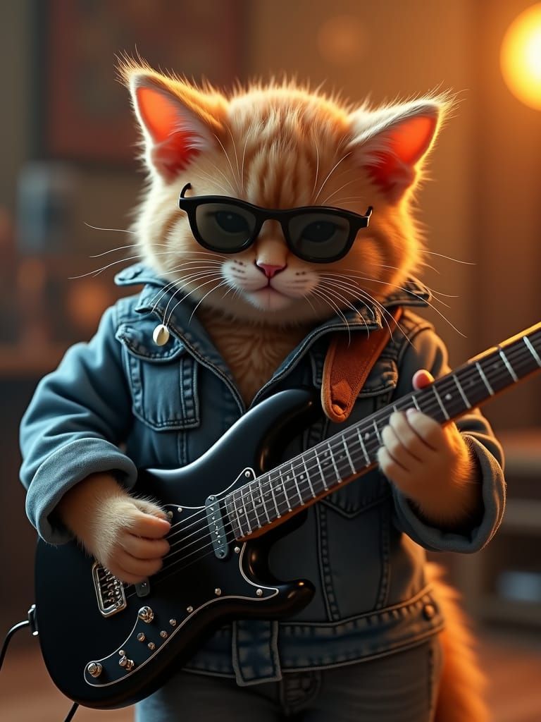 Feline Musician Plays Electric Guitar in Studio