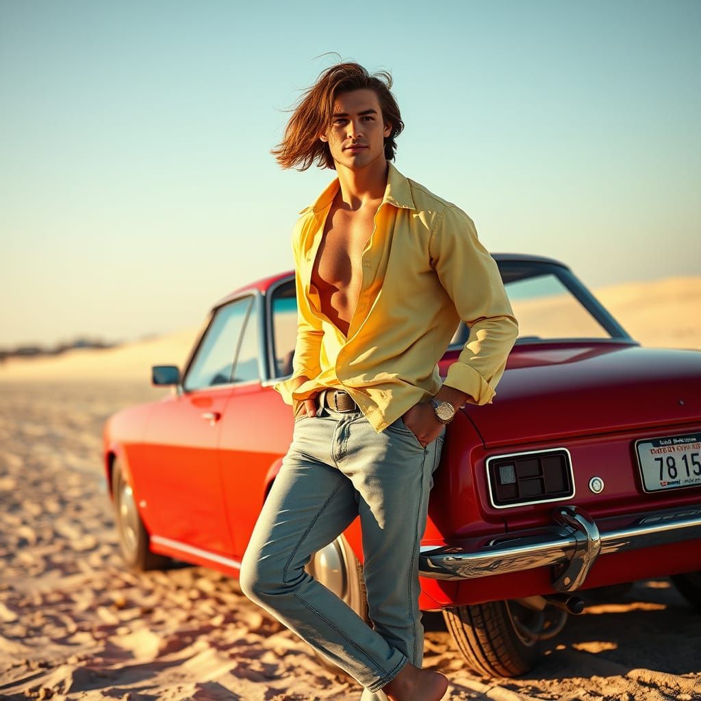 Muscular Man Beach Parking Lot Cinematic Golden Hour