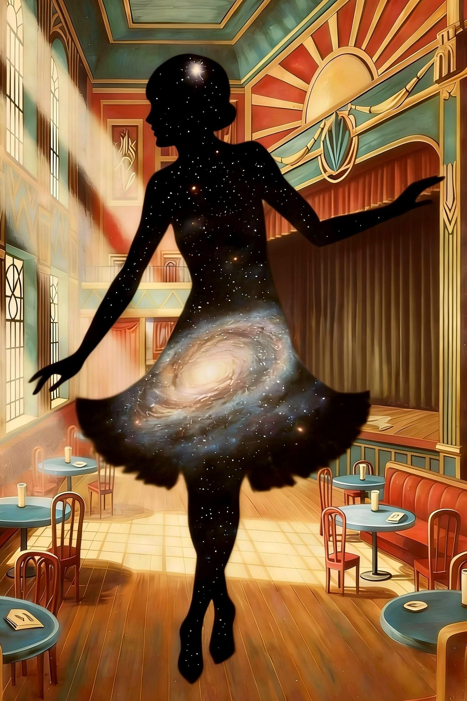 Art Deco Nightclub Painting with Cosmic Flapper