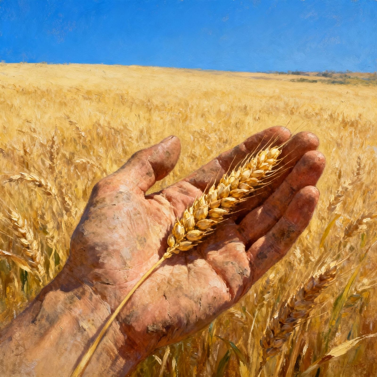 Golden Wheat in Open Palm, Realistic Oil Painting