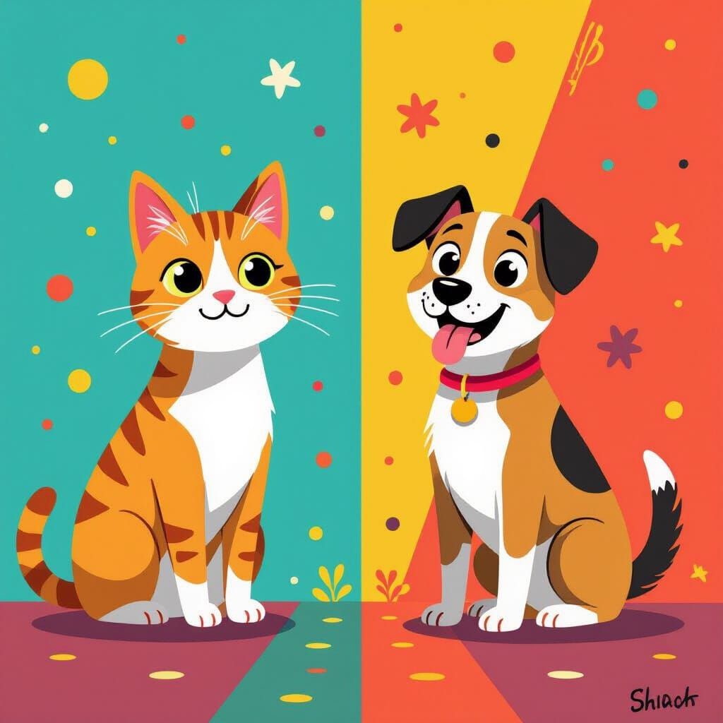 Whimsical Cat and Dog Divided by Diagonal Line