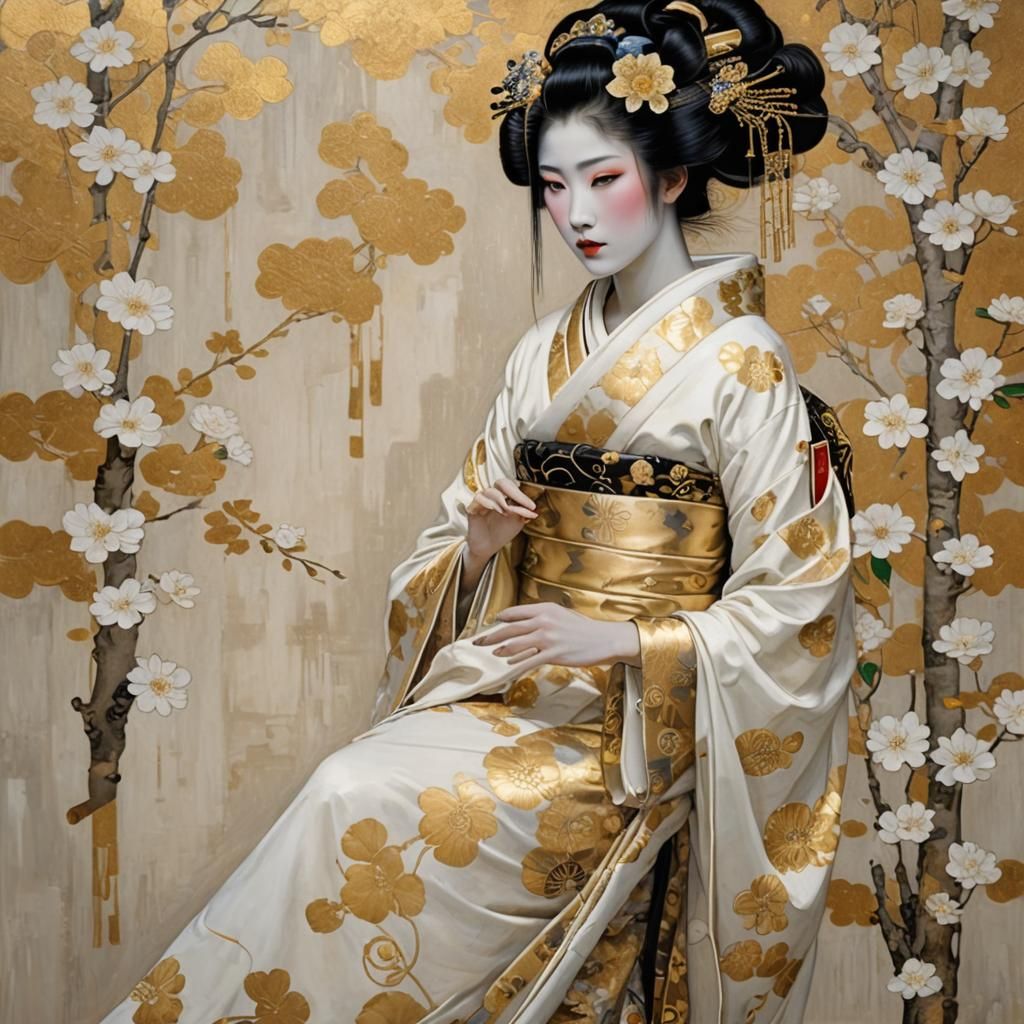Geisha in Gold and White, Klimt Style