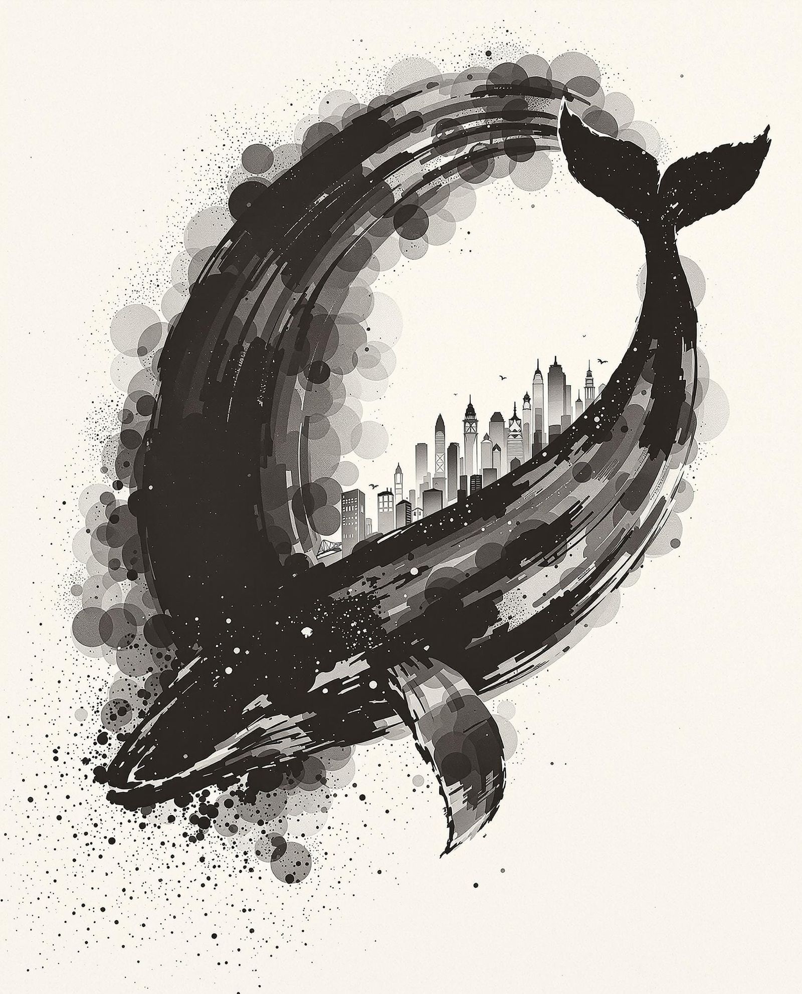 Whale-Inspired Sydney Cityscape in Luminous Black Ink