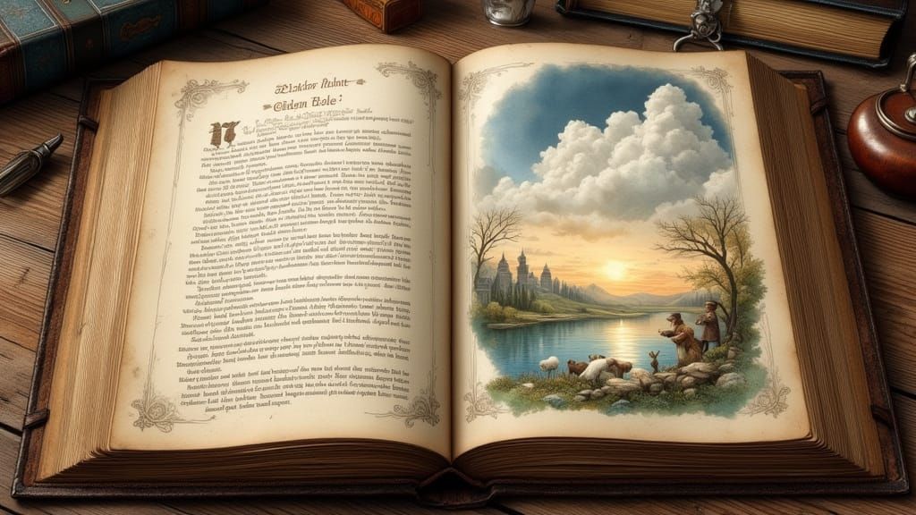 Whimsical Watercolour Scene on Old Book Page