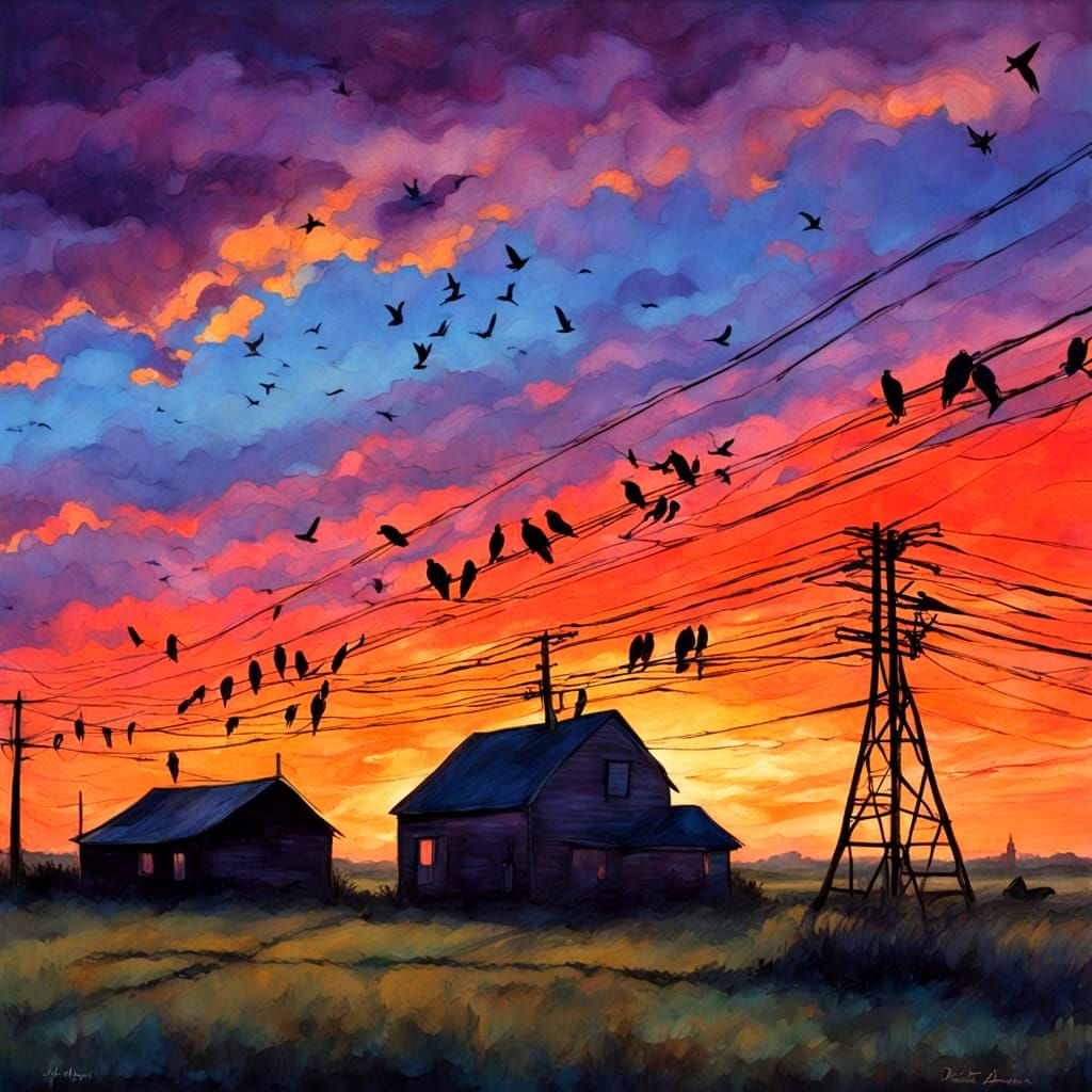 Vibrant Sunset Landscape with Silhouetted Birds and Rustic F...