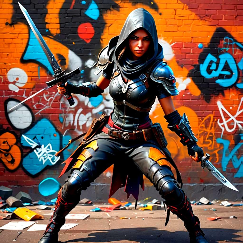 Sleek Female Assassin: Graffiti-Style 3D Digital Art