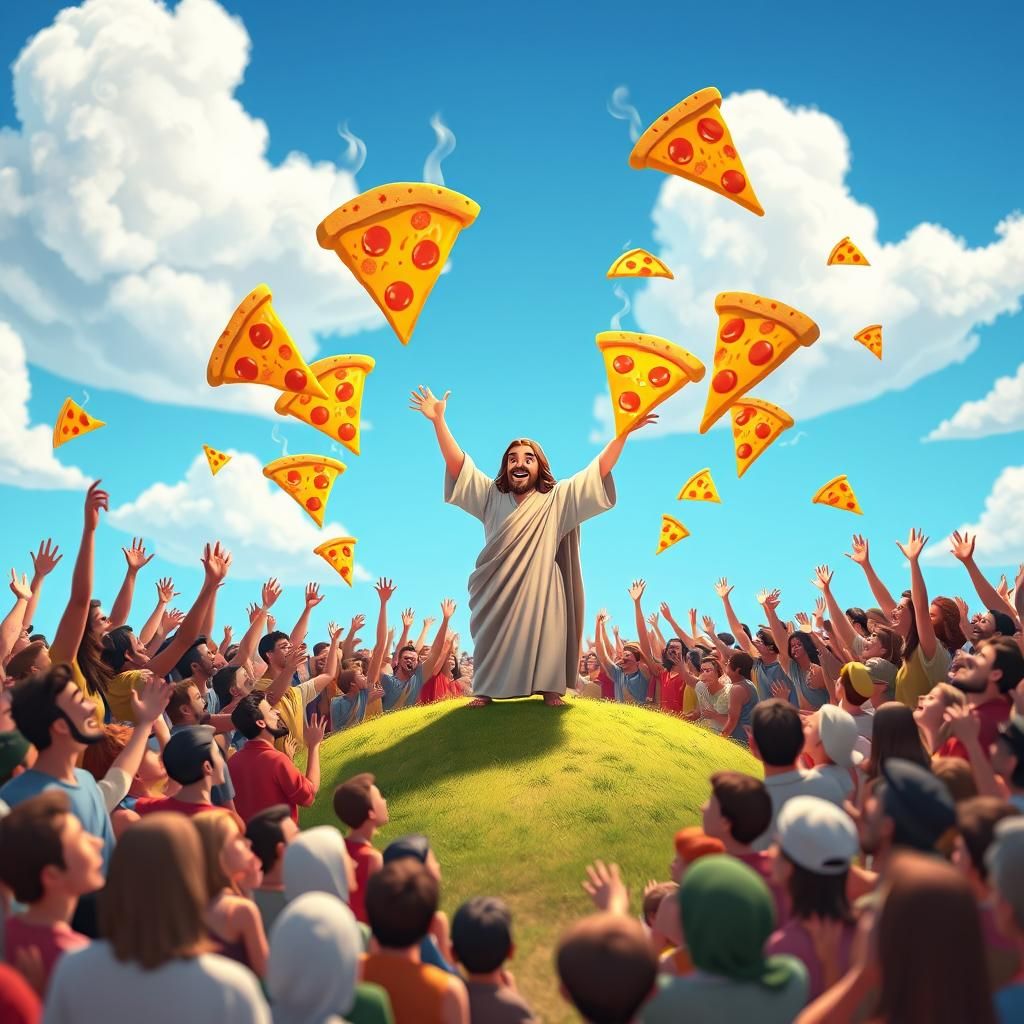 Jesus Multiplies Pizza in 3D Cartoon Style
