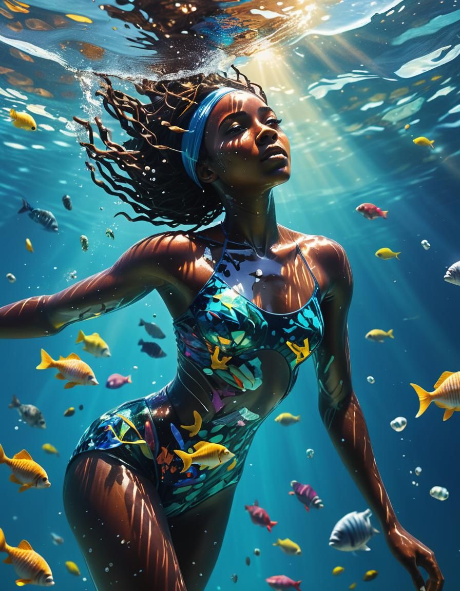 Beautiful Woman Swimming Underwater in Hyperrealistic Style