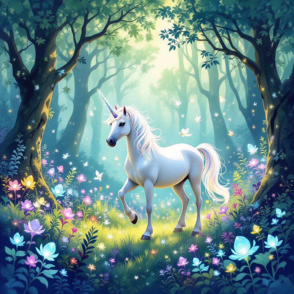 Enchanted Forest with Unicorn and Sprites in Watercolor