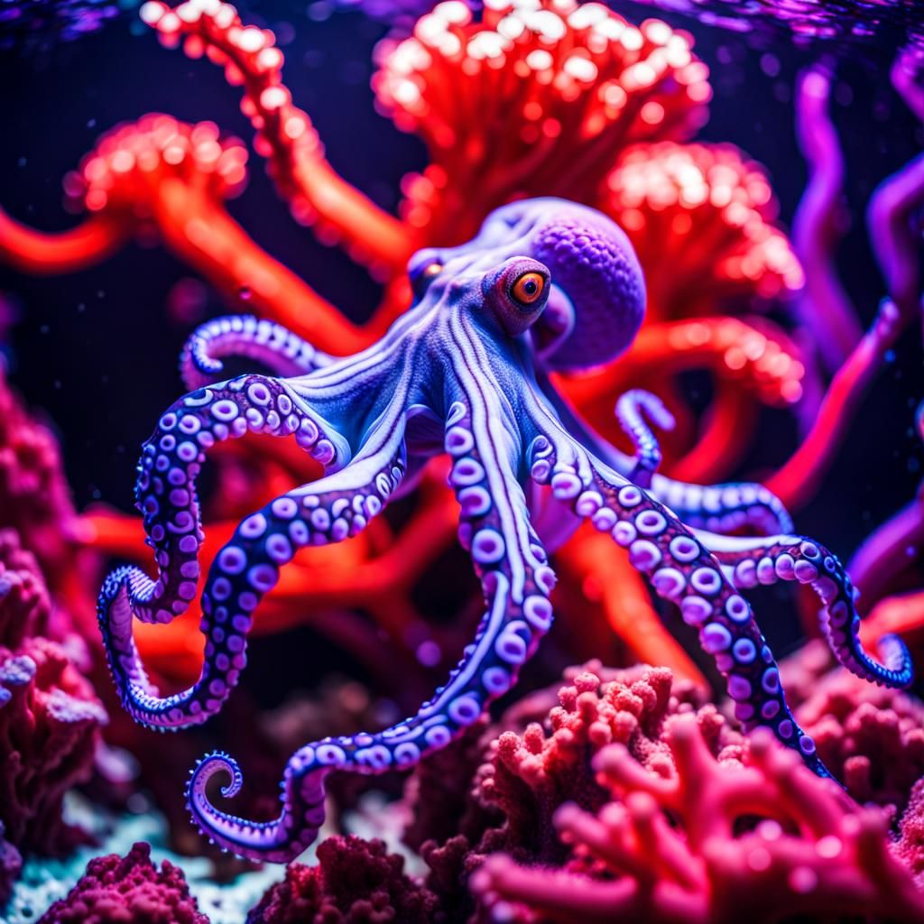 Neon Octopus Camouflage in Nightclub Aquarium