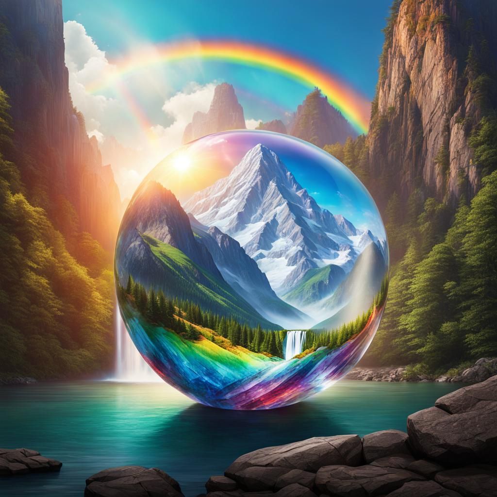 Crystal Orb with Mountain Landscape and Waterfall