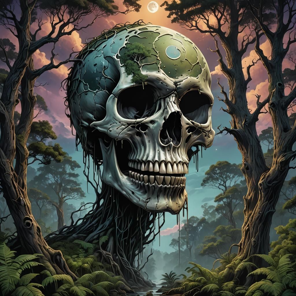 Skull Moon over Eerie Forest, Comic Book Style