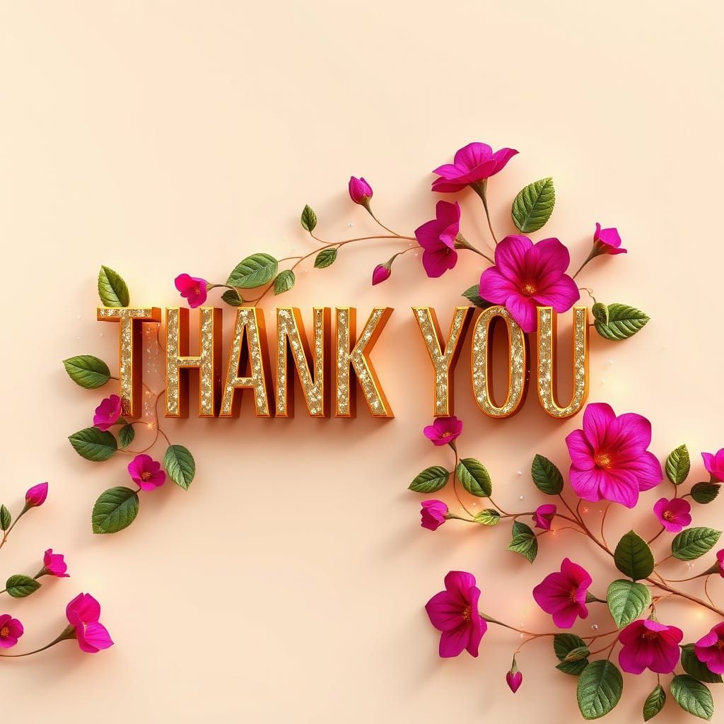 Golden THANK YOU Nameplate in Fuchsia Floral Border