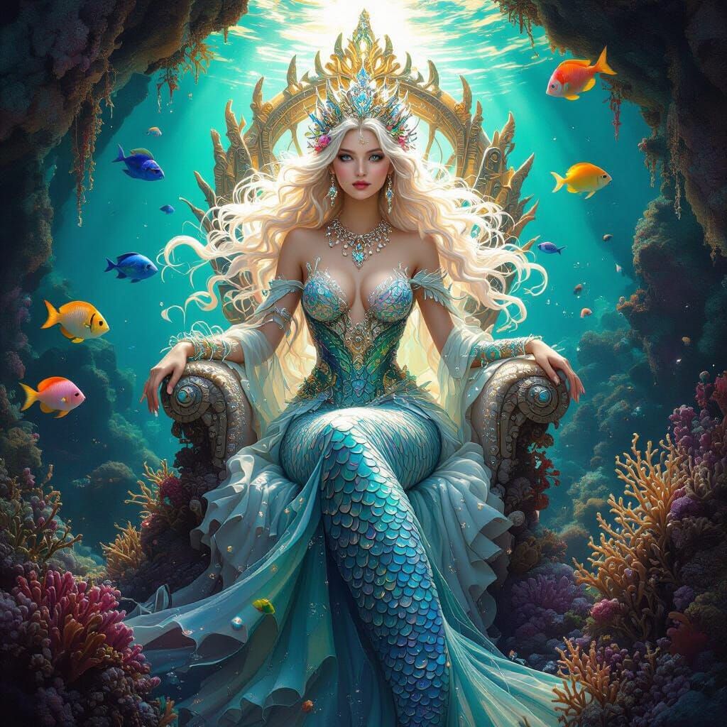 Mermaid Queen on Coral Throne in Bioluminescent Grotto