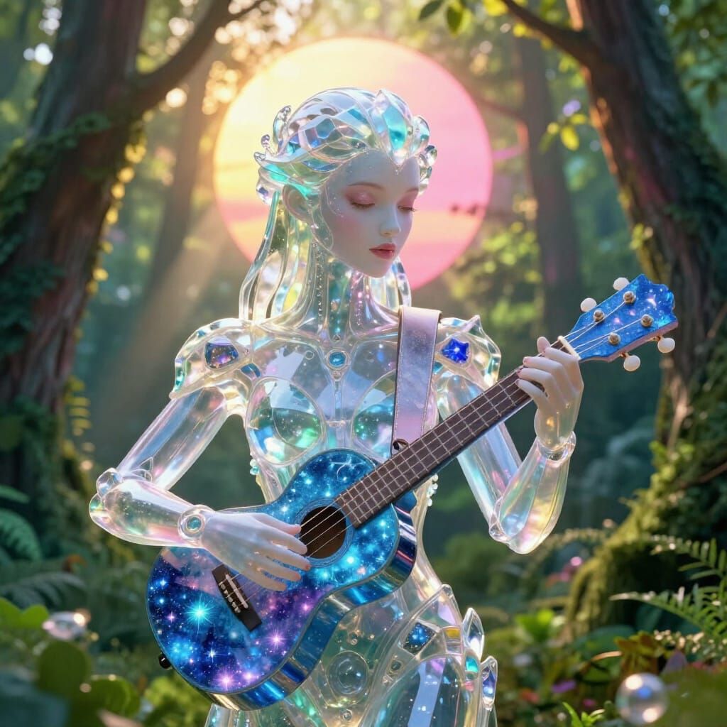 Crystalline Android Plays Star Ukulele in Forest