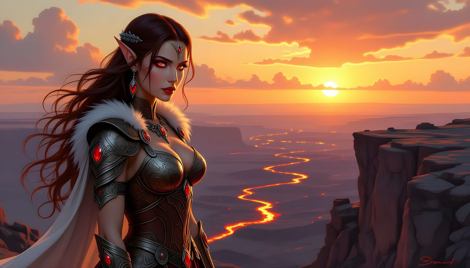 Elf Warrior Overlooking Lava Valley, Fantasy Illustration
