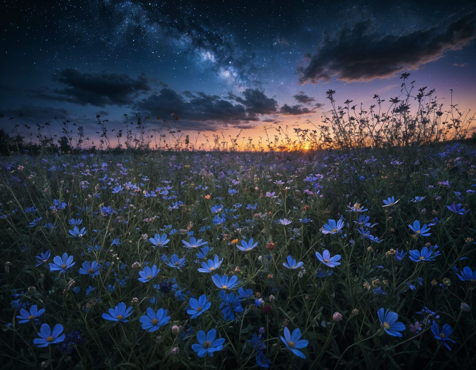 Twilight Meadow of Violet Wildflowers in Oil Grunge