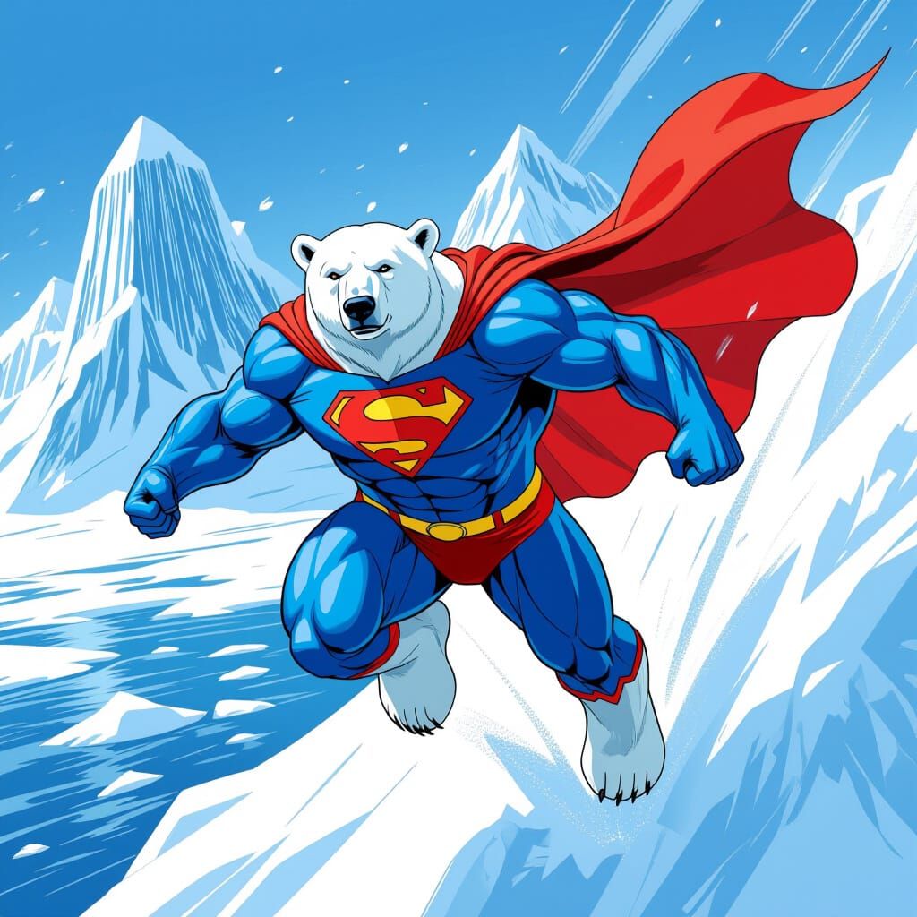 Polar Bear Superman Soaring Over Antarctica in Comic Book St...