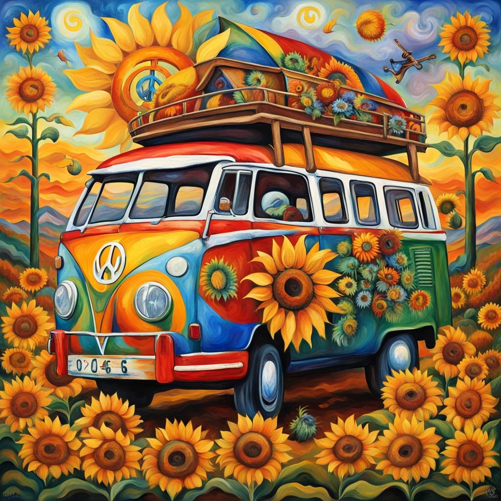 Hippie VW Bus with Sunflowers, in Oil Painting Style