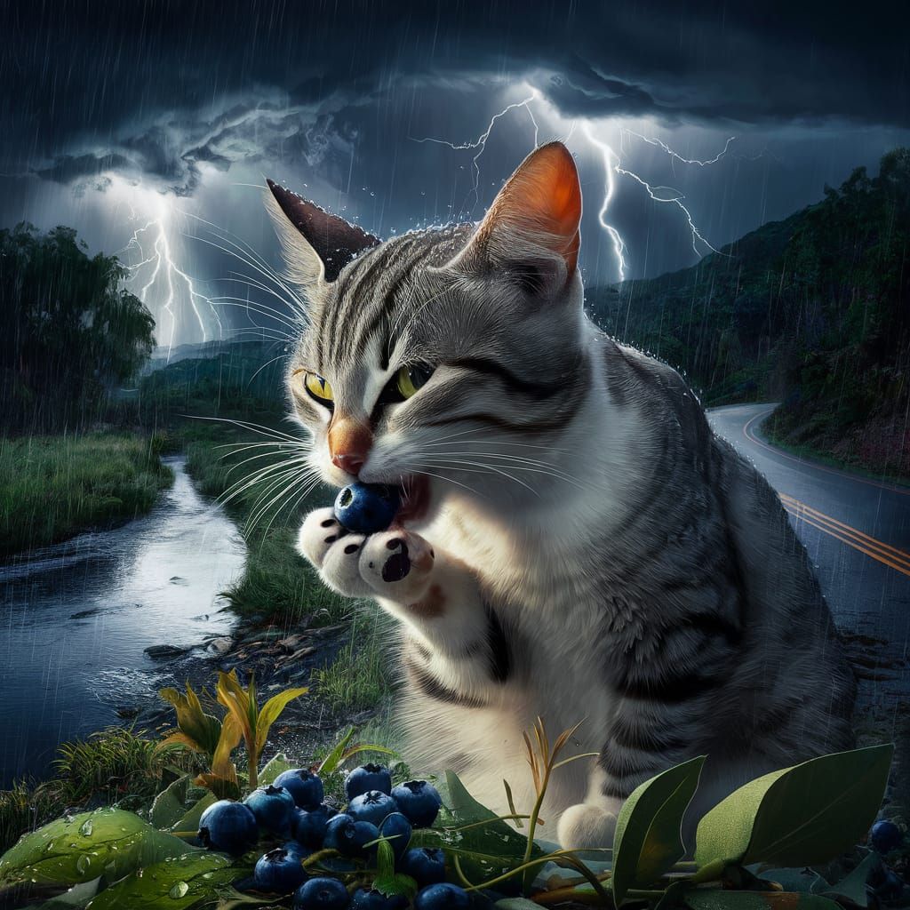 Cat Enjoys Blueberry During Thunderstorm: Matte Painting