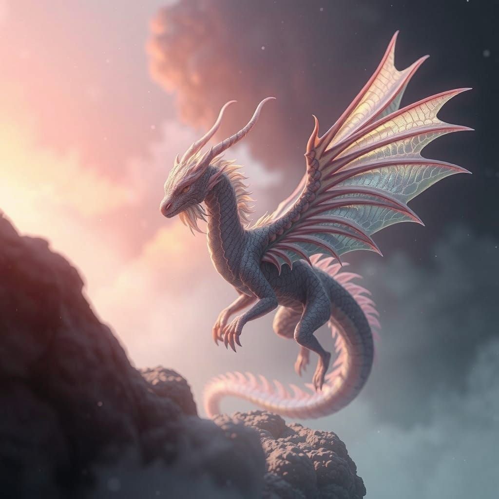 Opalescent Dragon Soaring Through Rose Clouds