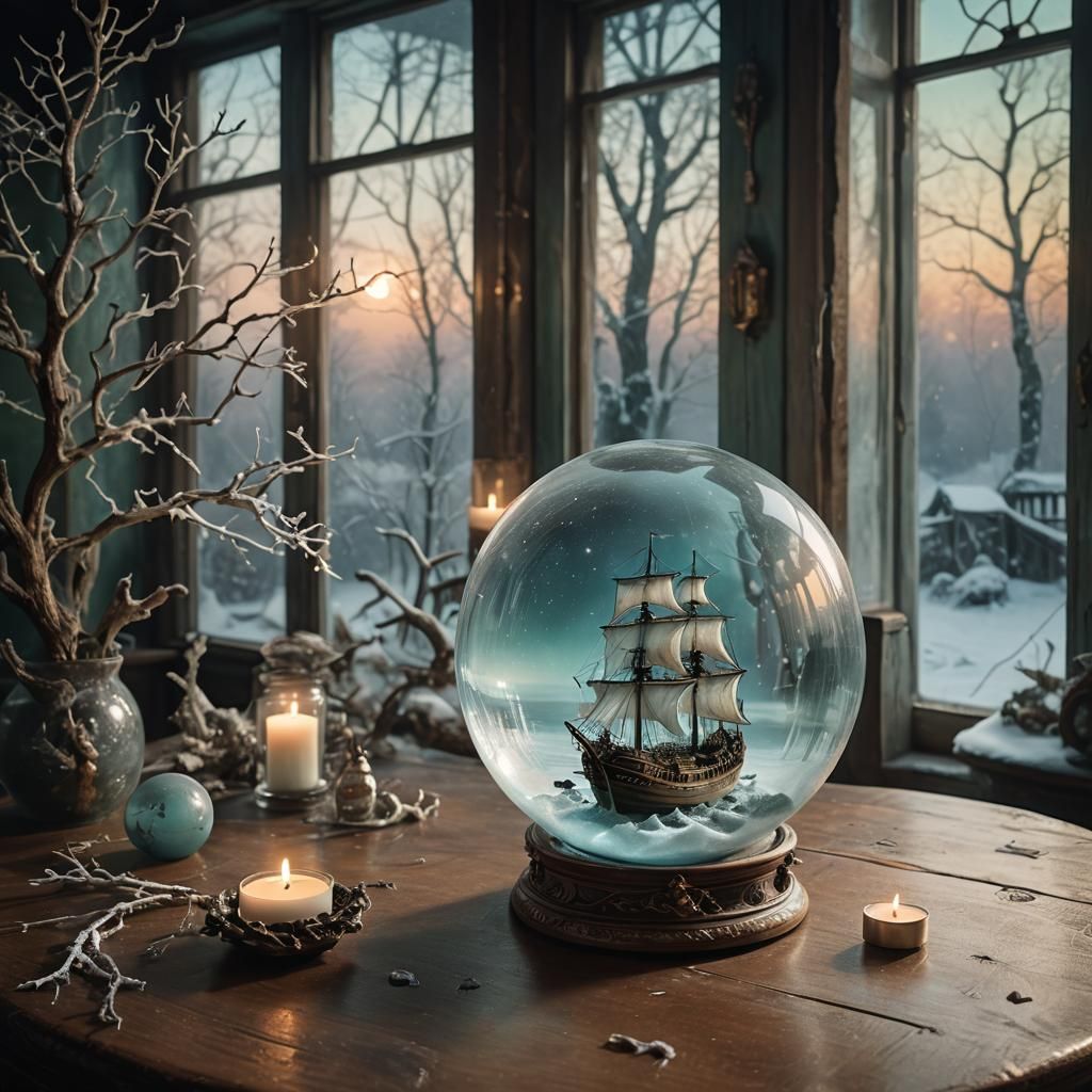 Ghost Ship in Orb: Magical Realism Winter Scene