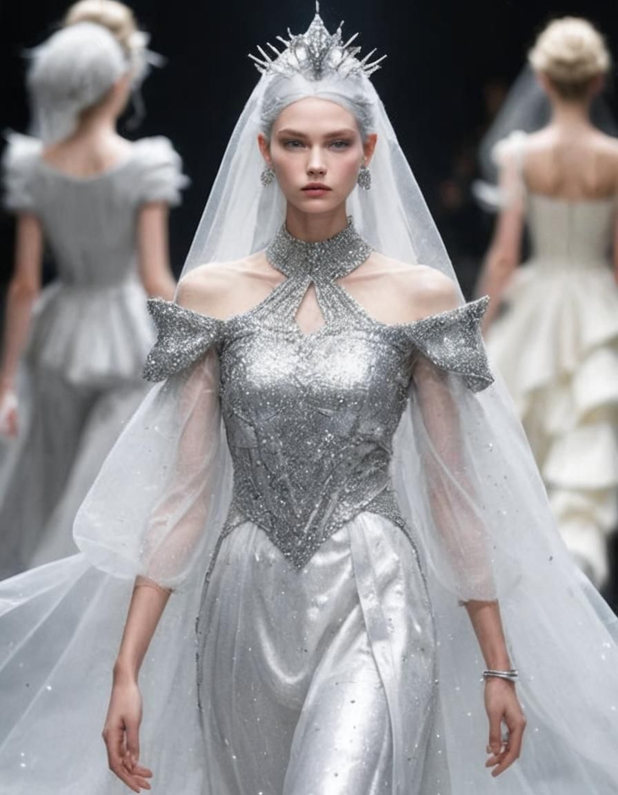 Elven Fashion Model in Mithril Dress on Catwalk