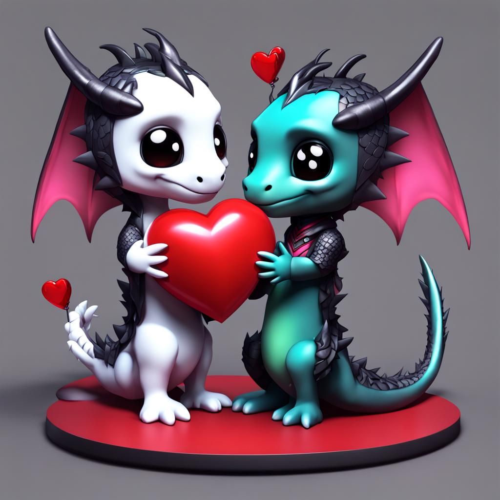 Chibi Dragon Offers Heart to Goth Fairy